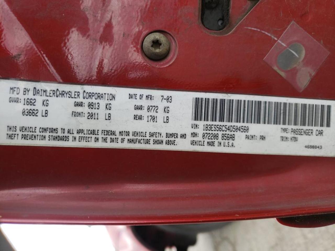 Photo 10 from auction – 2004 DODGE NEON SXT with VIN 1B3ES56C54D504560