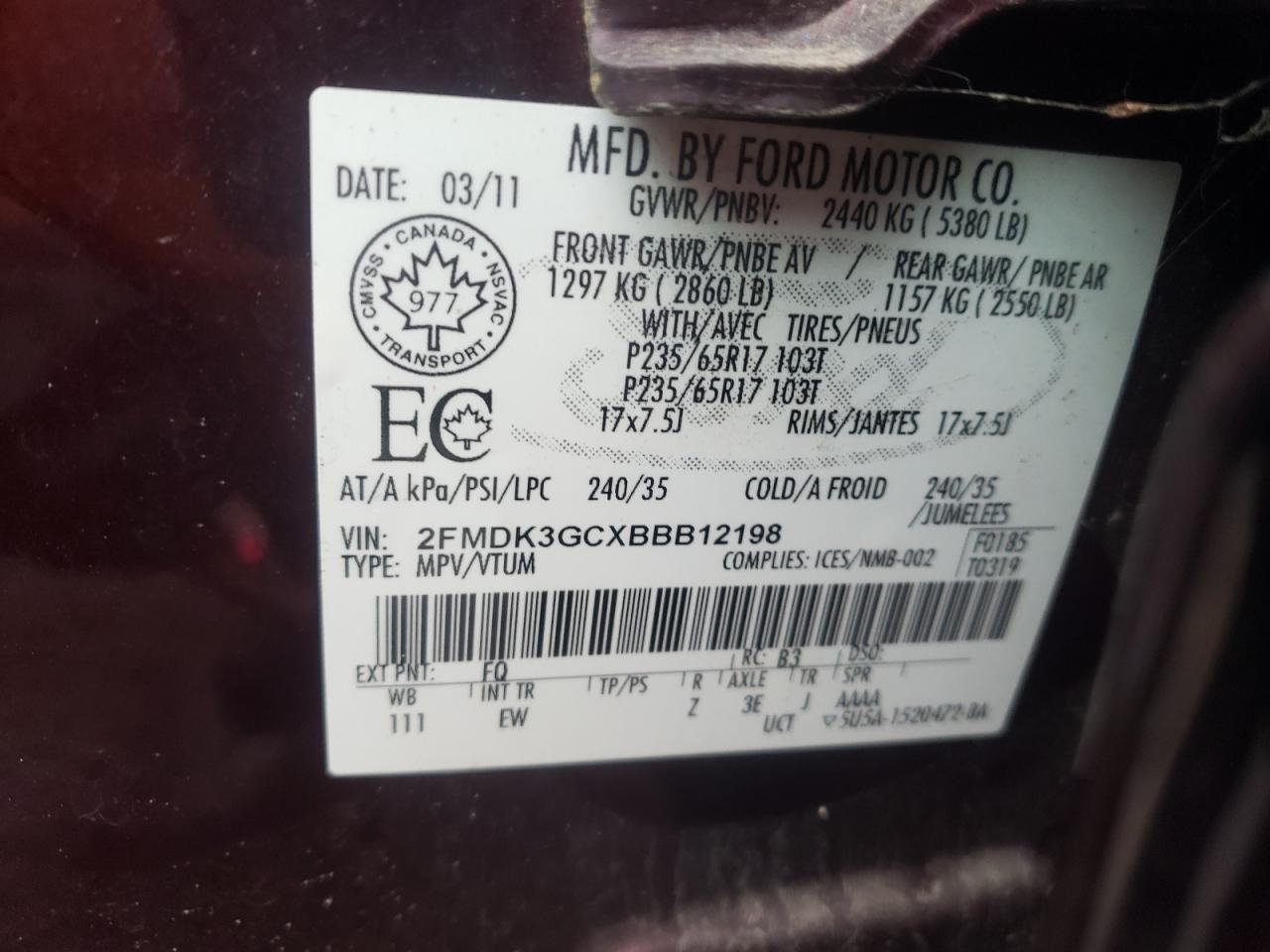 Photo 10 from auction – 2011 FORD EDGE SE with VIN 2FMDK3GCXBBB12198