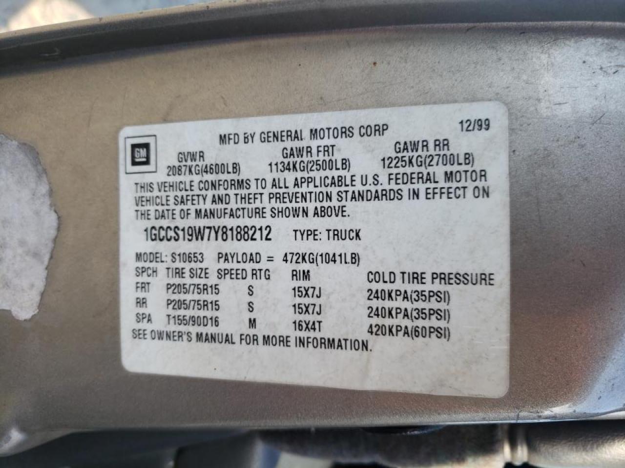Photo 10 from auction – 2000 CHEVROLET S10 with VIN 1GCCS19W7Y8188212
