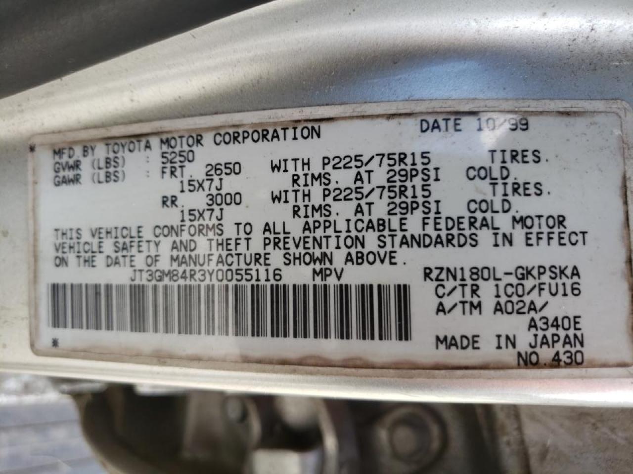 Photo 10 from auction – 2000 TOYOTA 4RUNNER with VIN JT3GM84R3Y0055116