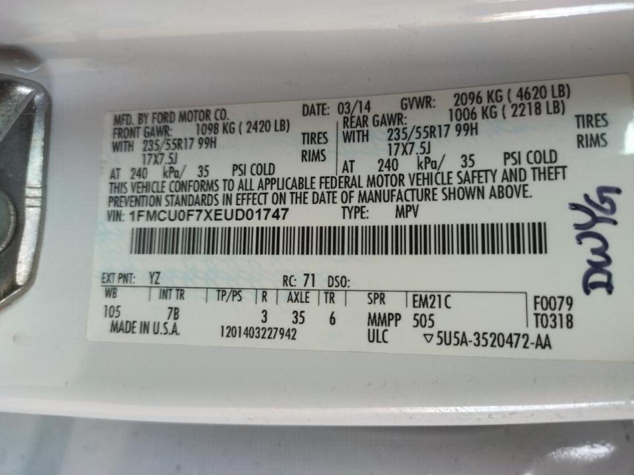 Photo 10 from auction – 2014 FORD ESCAPE S with VIN 1FMCU0F7XEUD01747
