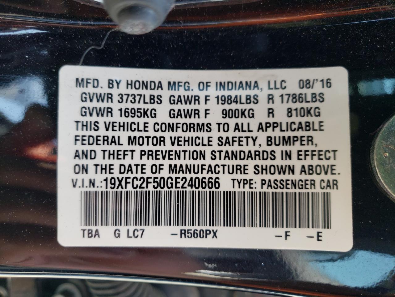 Photo 10 from auction – 2016 HONDA CIVIC LX with VIN 19XFC2F50GE240666