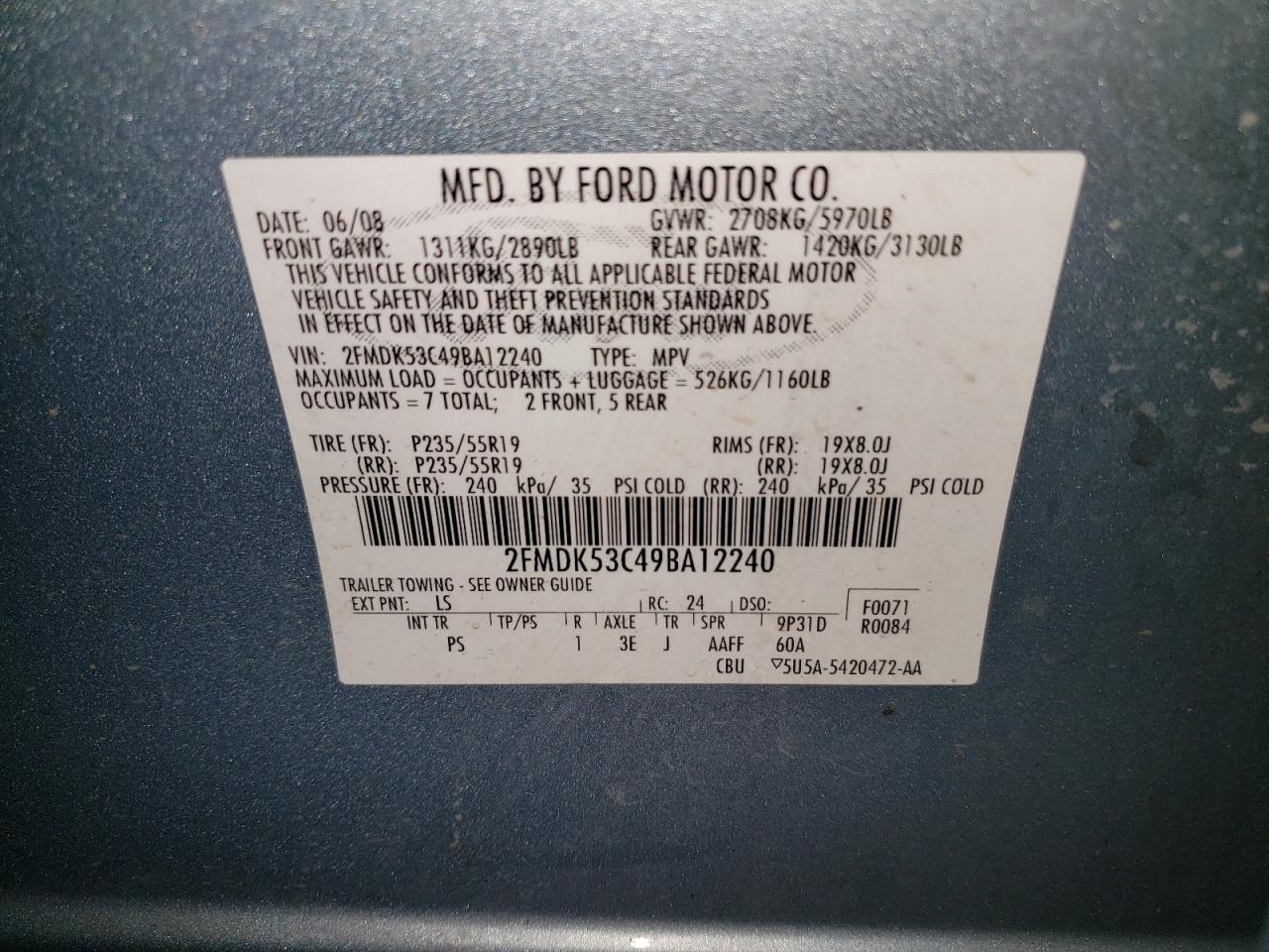 Photo 10 from auction – 2009 FORD FLEX LIMIT with VIN 2FMDK53C49BA12240