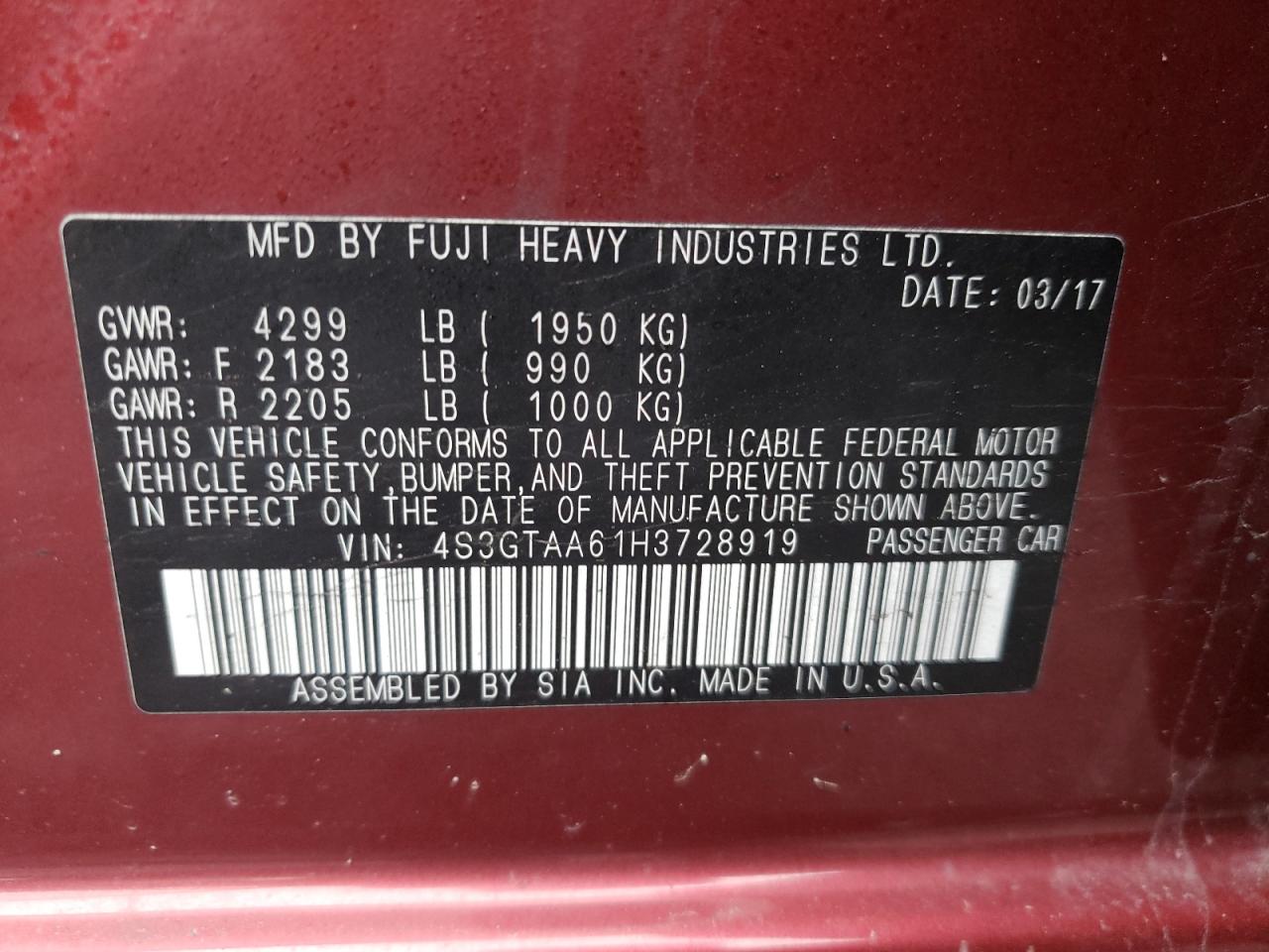 Photo 10 from auction – 2017 SUBARU IMPREZA with VIN 4S3GTAA61H3728919