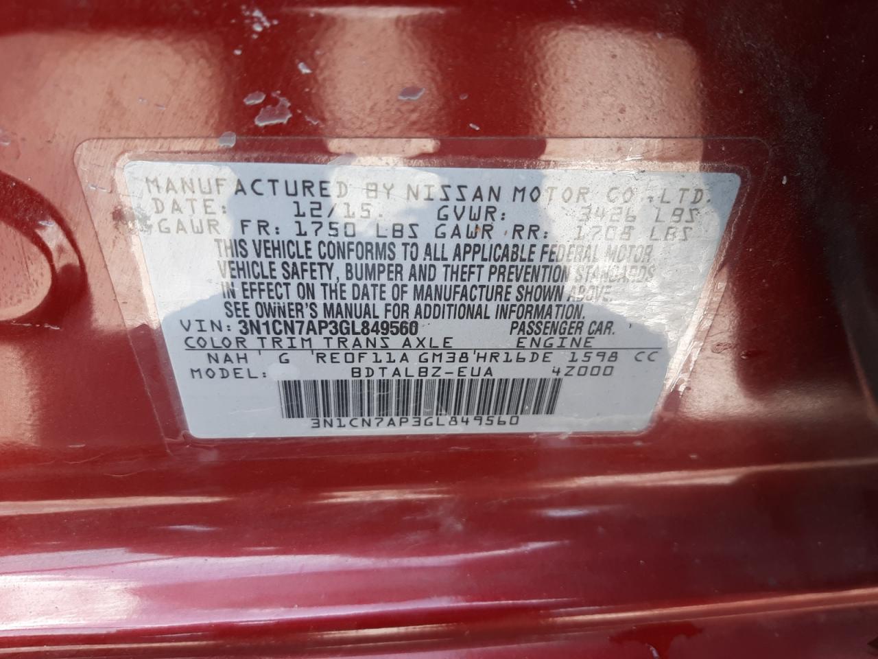 Photo 10 from auction – 2016 NISSAN VERSA S with VIN 3N1CN7AP3GL849560