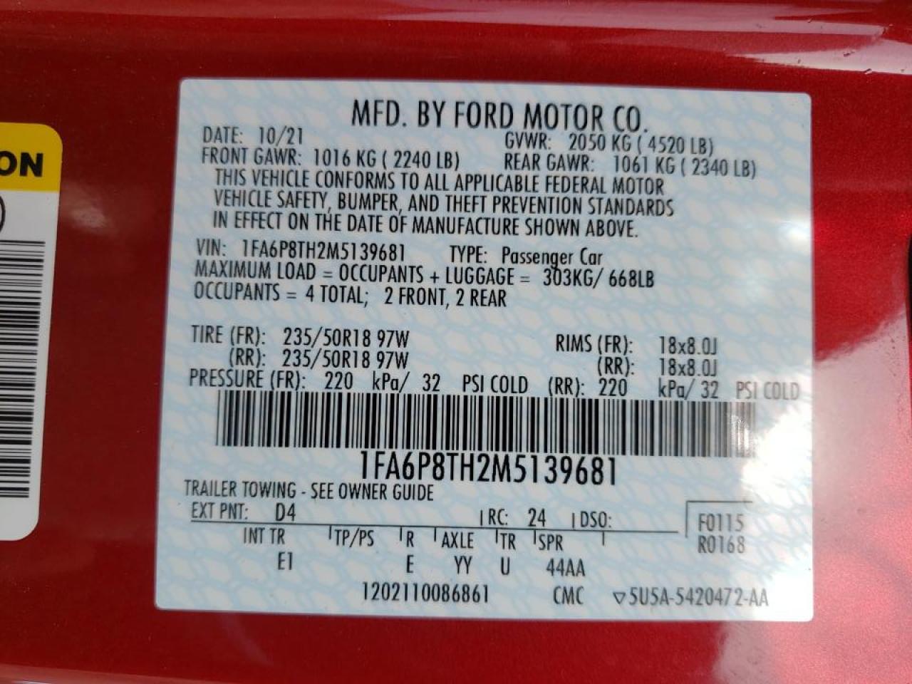 Photo 10 from auction – 2021 FORD MUSTANG with VIN 1FA6P8TH2M5139681