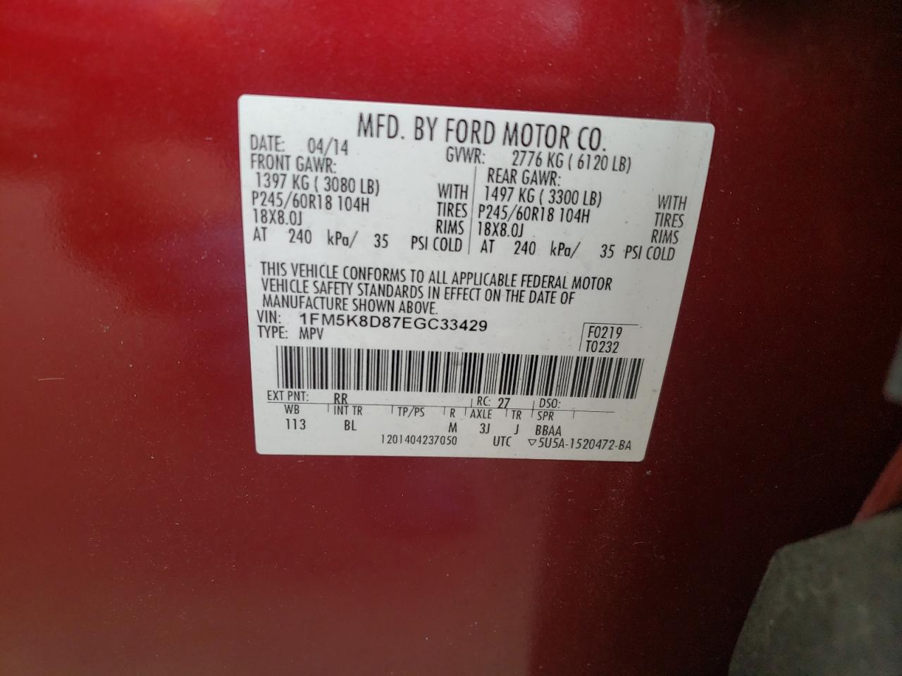 Photo 10 from auction – 2014 FORD EXPLORER X with VIN 1FM5K8D87EGC33429