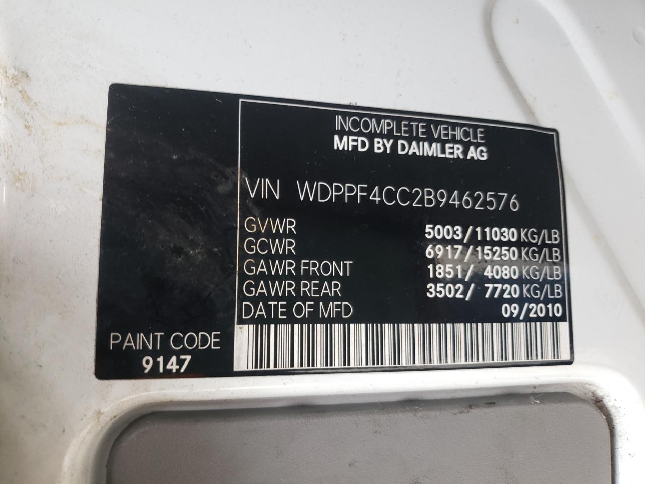 Photo 10 from auction – 2011 FREIGHTLINER SPRINTER 3 with VIN WDPPF4CC2B9462576