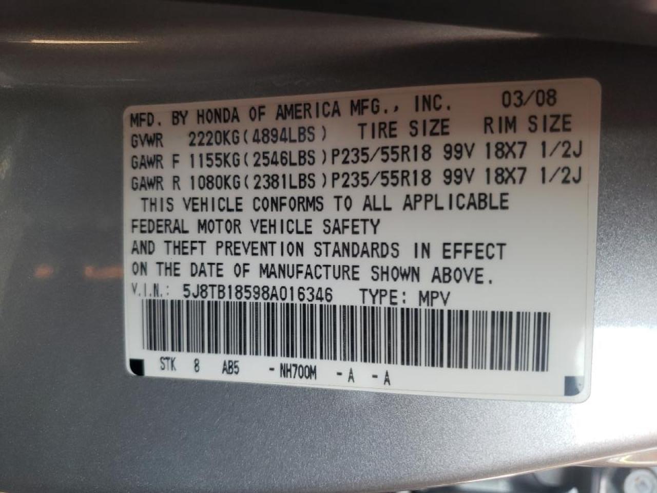 Photo 20 from auction – 2008 ACURA RDX TECHNO with VIN 5J8TB18598A016346