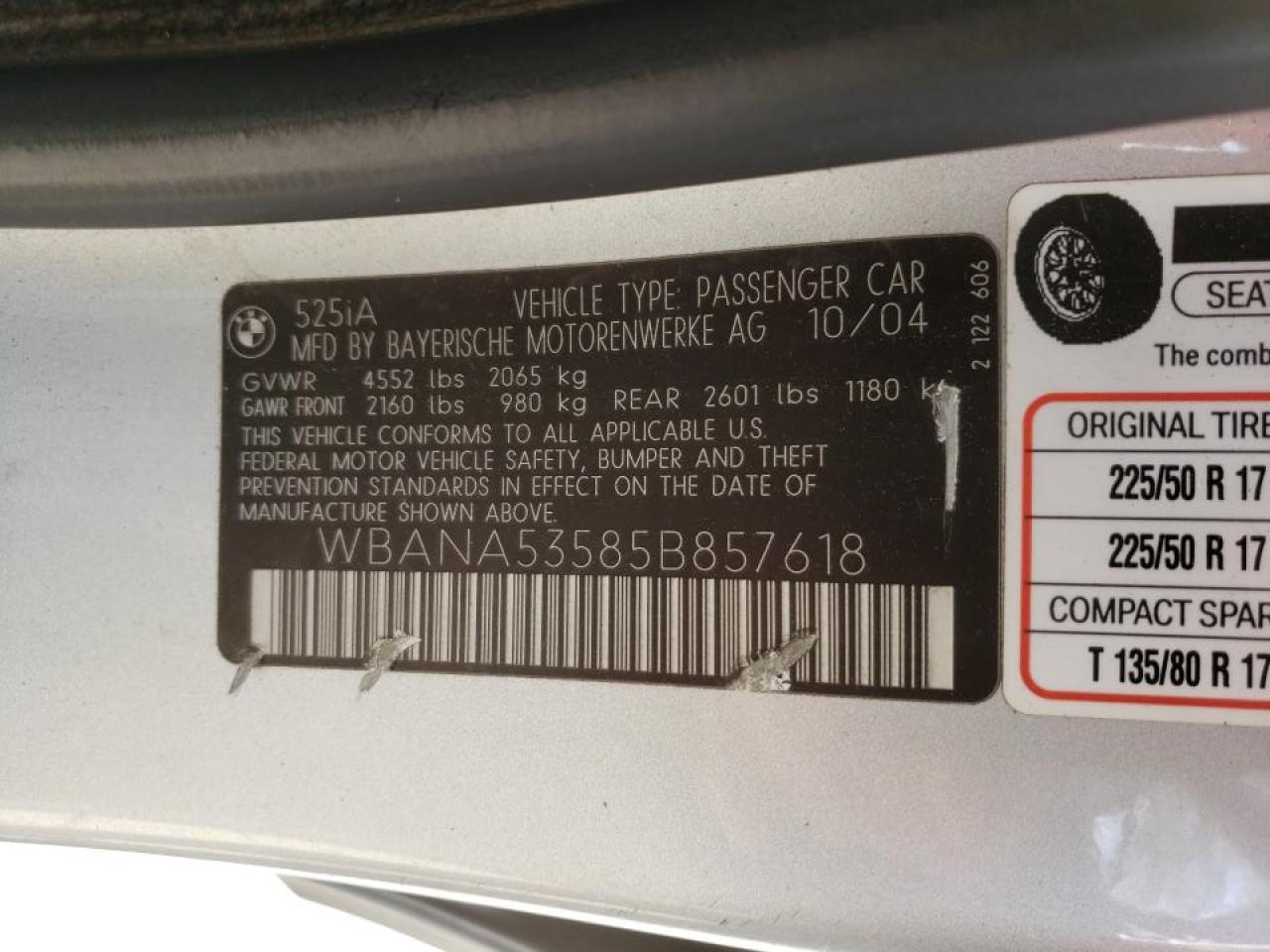 Photo 10 from auction – 2005 BMW 525 I with VIN WBANA53585B857618