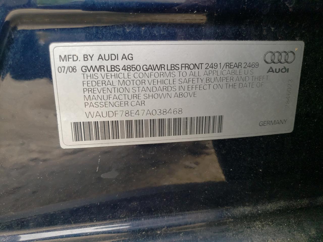 Photo 10 from auction – 2007 AUDI A4 with VIN WAUDF78E47A038468