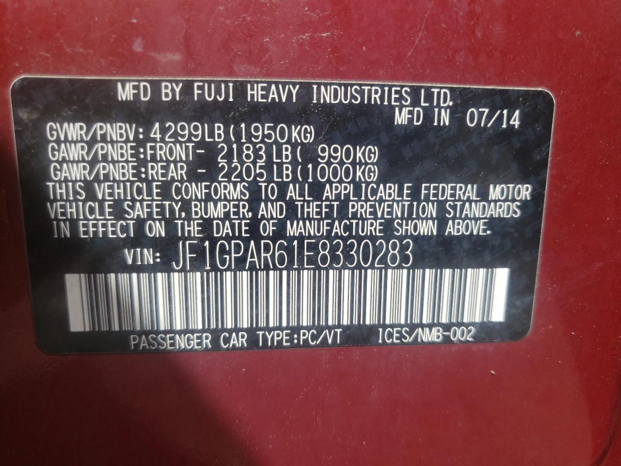 Photo 10 from auction – 2014 SUBARU IMPREZA SP with VIN JF1GPAR61E8330283