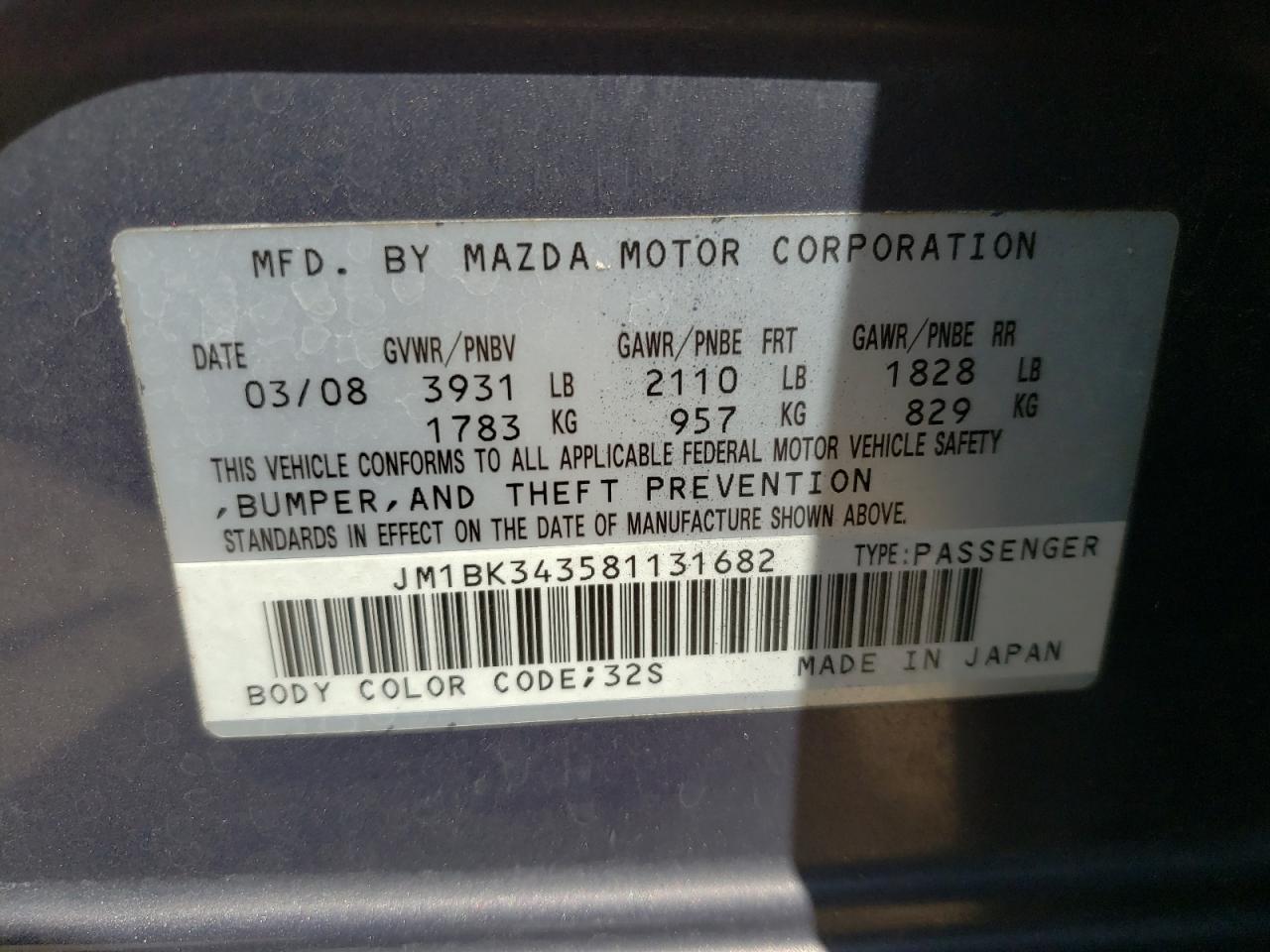 Photo 10 from auction – 2008 MAZDA 3 HATCHBAC with VIN JM1BK343581131682