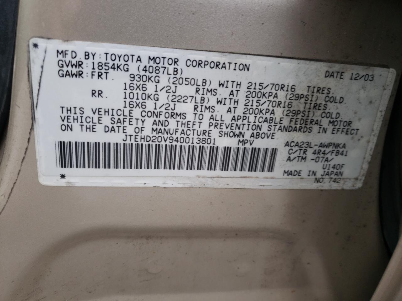 Photo 10 from auction – 2004 TOYOTA RAV4 with VIN JTEHD20V940013801