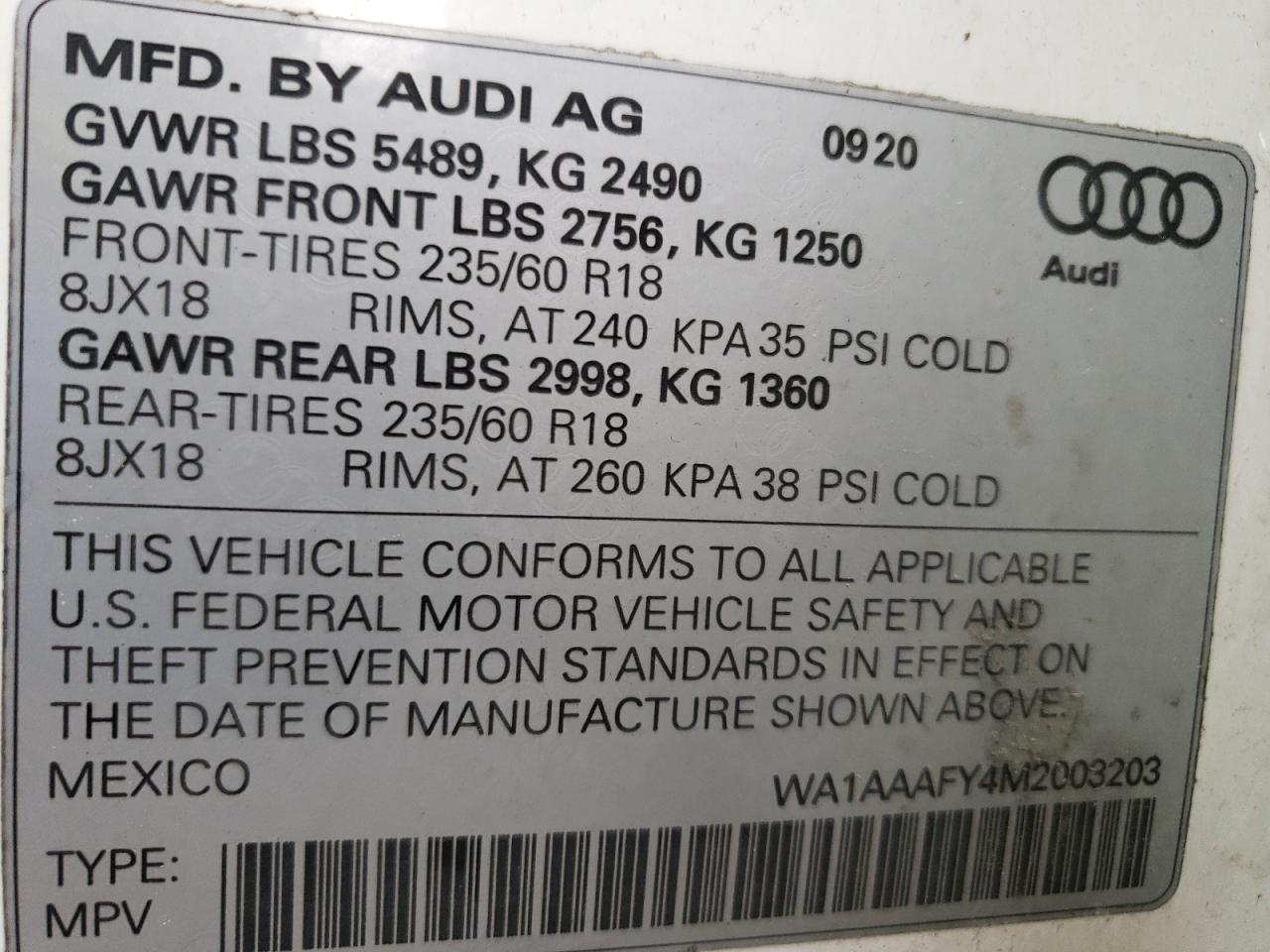 Photo 10 from auction – 2021 AUDI Q5 PREMIUM with VIN WA1AAAFY4M2003203