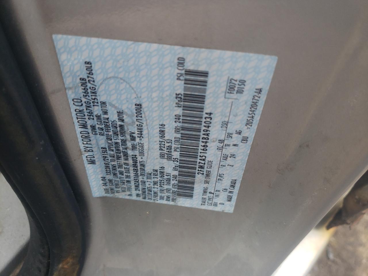 Photo 10 from auction – 2004 FORD FREESTAR S with VIN 2FMZA51664BA94034
