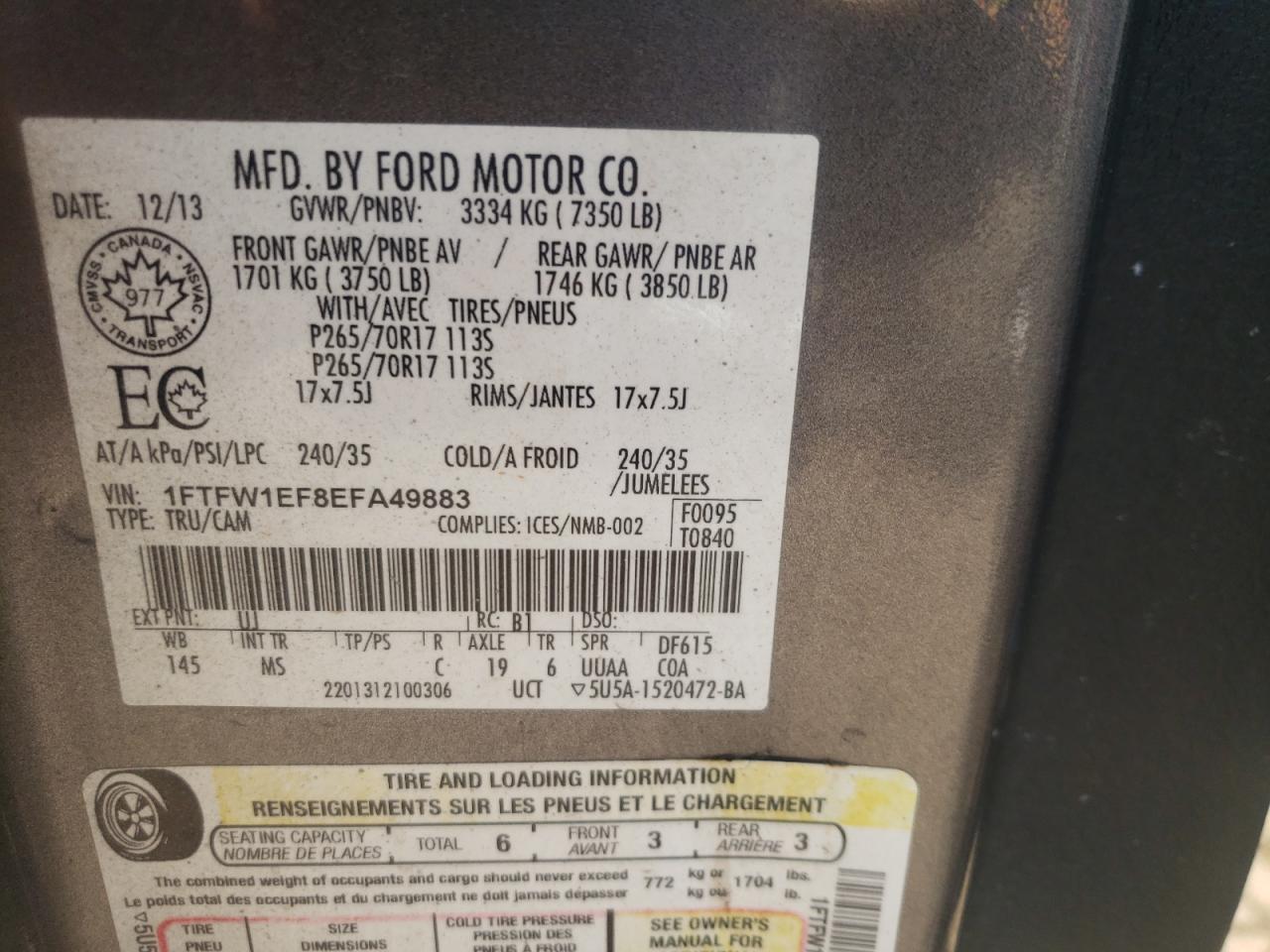 Photo 10 from auction – 2014 FORD F150 SUPER with VIN 1FTFW1EF8EFA49883