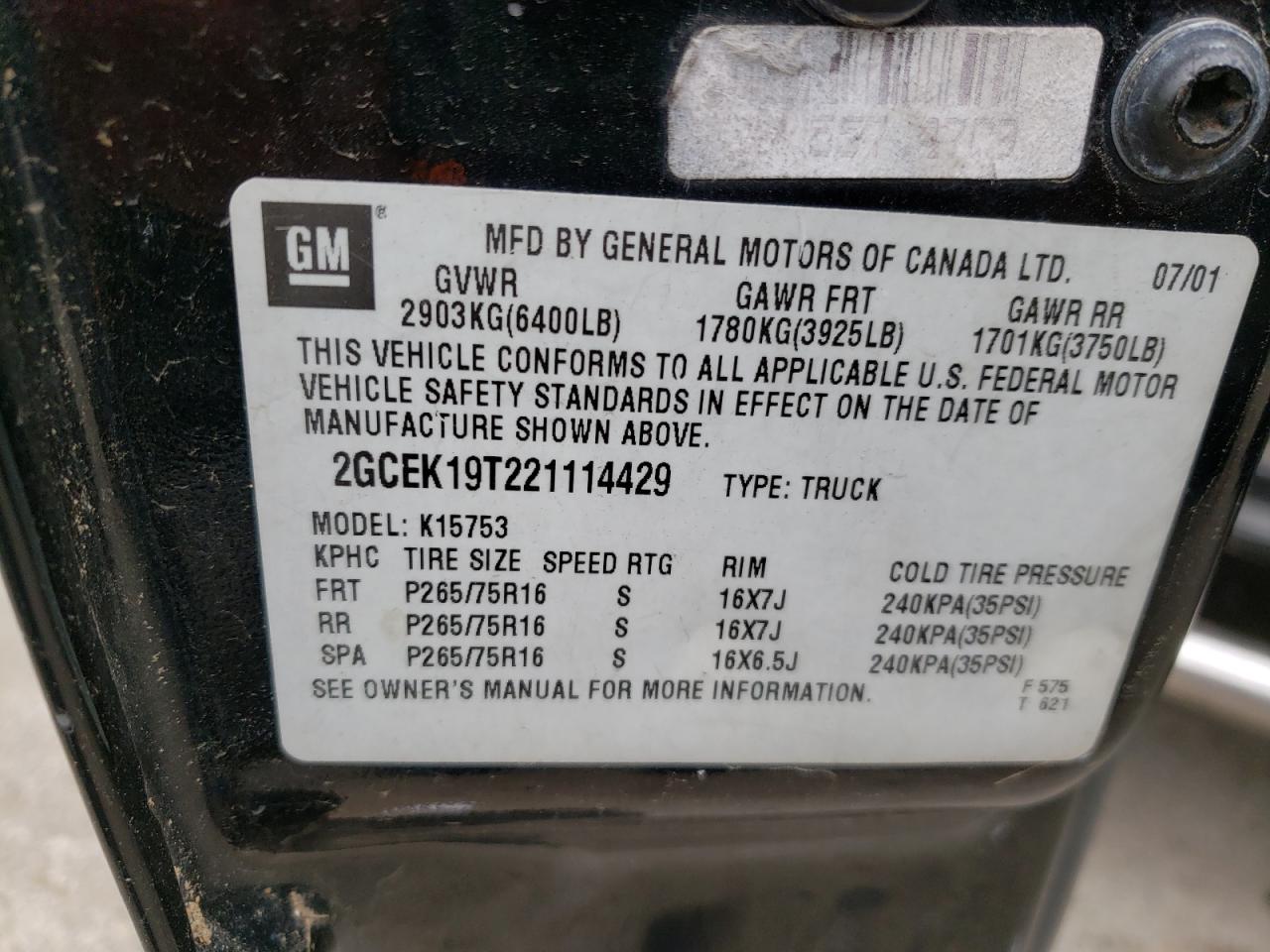 Photo 10 from auction – 2002 CHEVROLET SILVERADO with VIN 2GCEK19T221114429