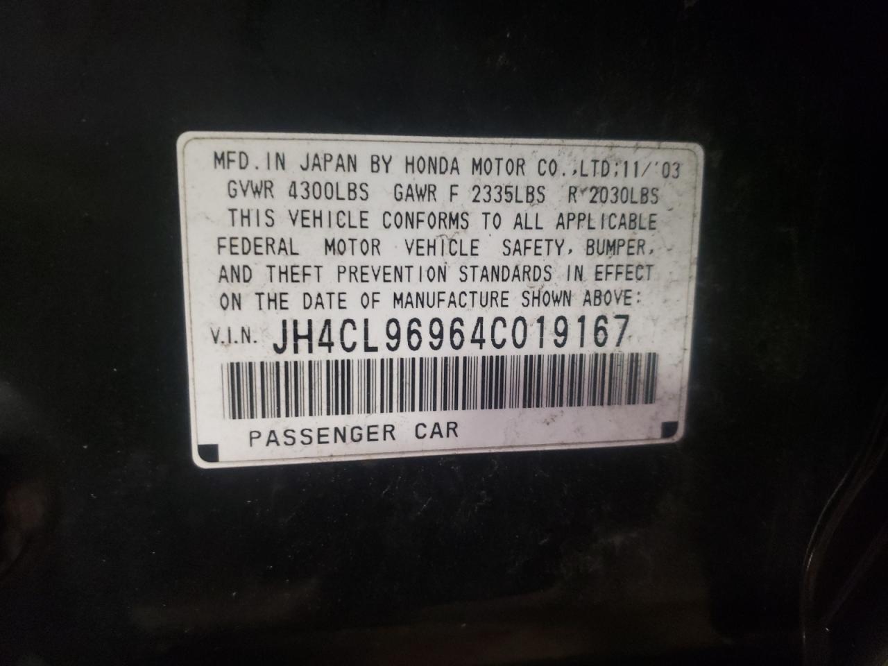 Photo 10 from auction – 2004 ACURA TSX with VIN JH4CL96964C019167