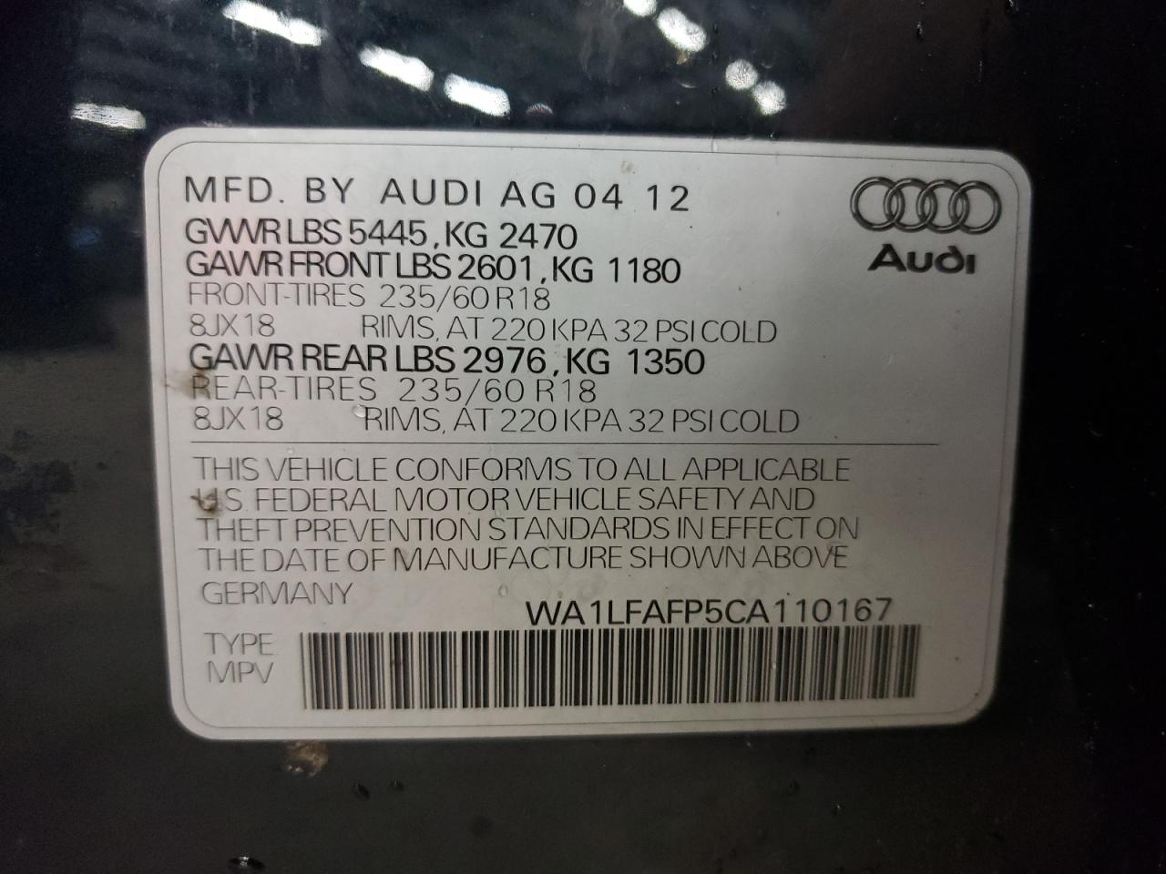 Foto 10 de la subasta – 2012 AUDI Q5 PREMIUM con VIN WA1LFAFP5CA110167