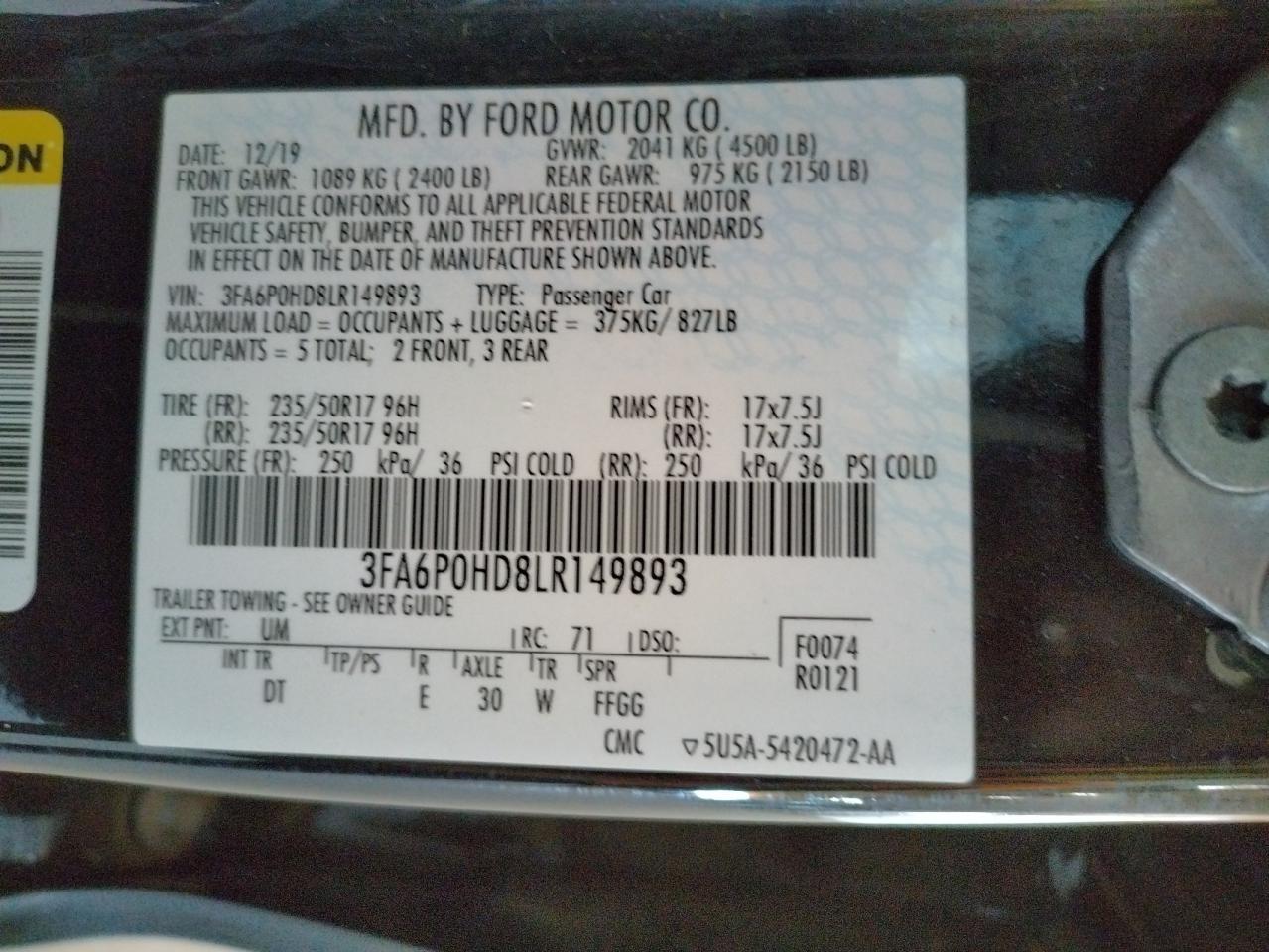 Photo 10 from auction – 2020 FORD FUSION SE with VIN 3FA6P0HD8LR149893