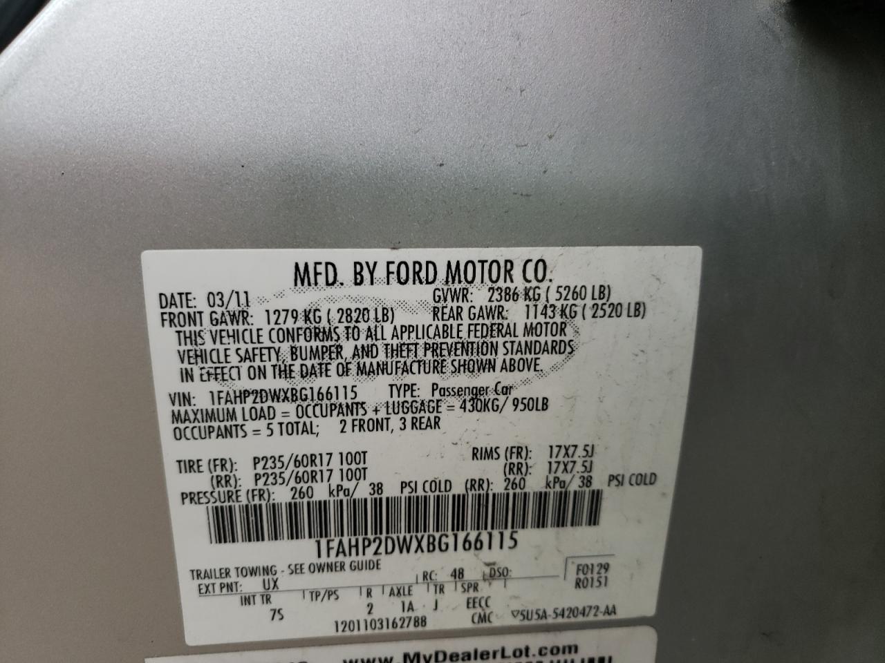 Photo 10 from auction – 2011 FORD TAURUS SE with VIN 1FAHP2DWXBG166115