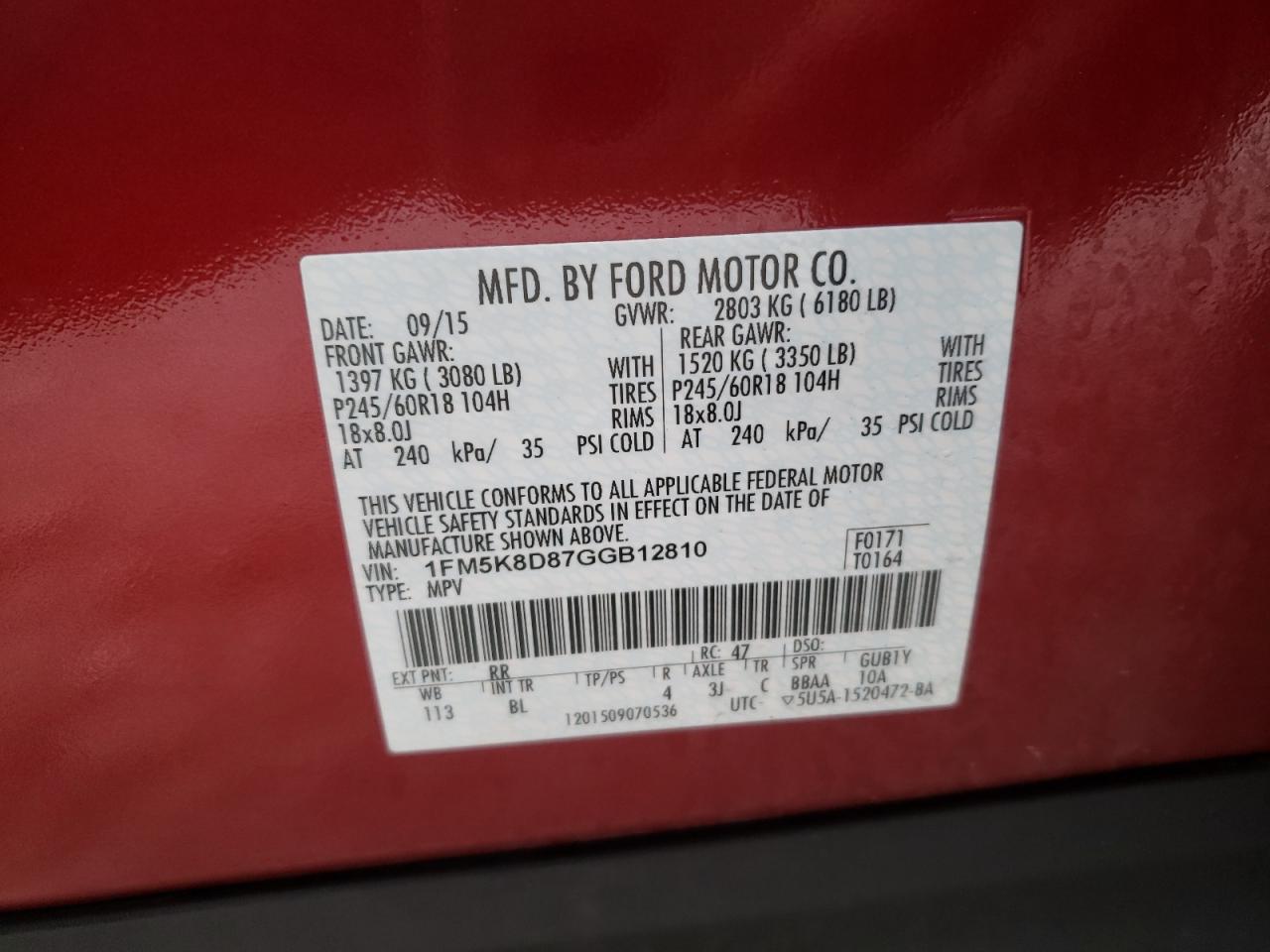 Photo 10 from auction – 2016 FORD EXPLORER X with VIN 1FM5K8D87GGB12810