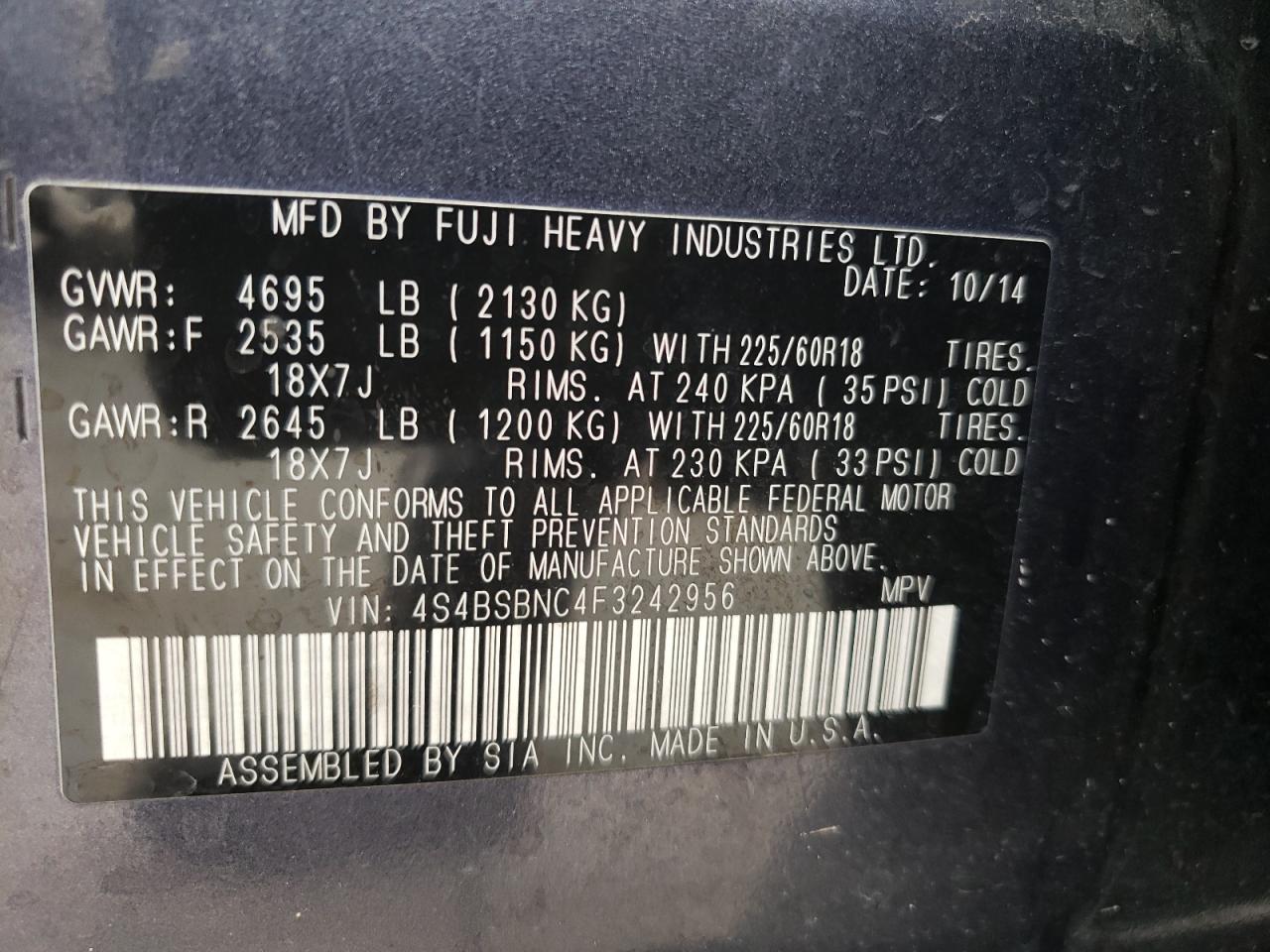 Снимка 10 от търг – 2015 SUBARU OUTBACK 2. с VIN 4S4BSBNC4F3242956