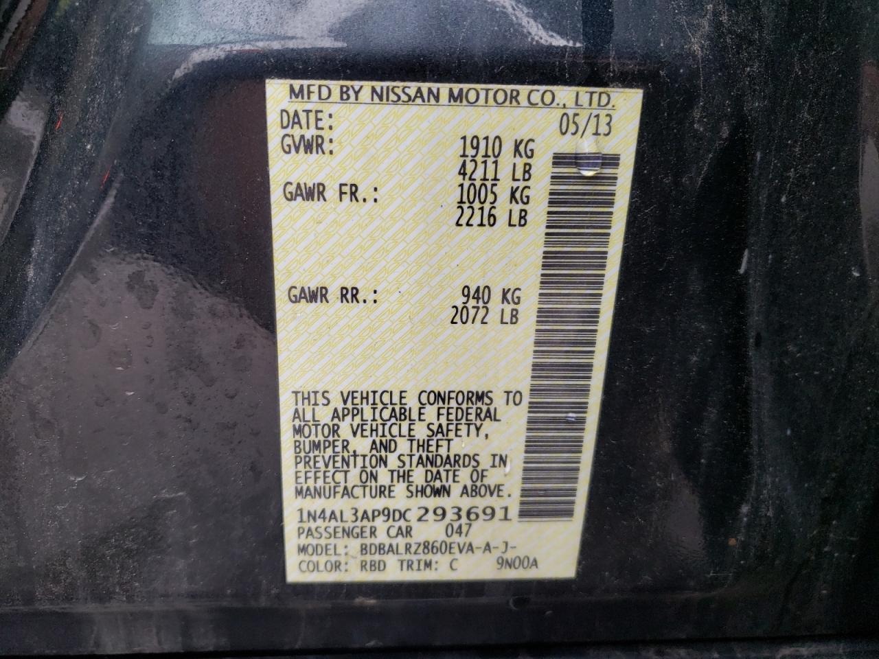 Photo 10 from auction – 2013 NISSAN ALTIMA 2.5 with VIN 1N4AL3AP9DC293691