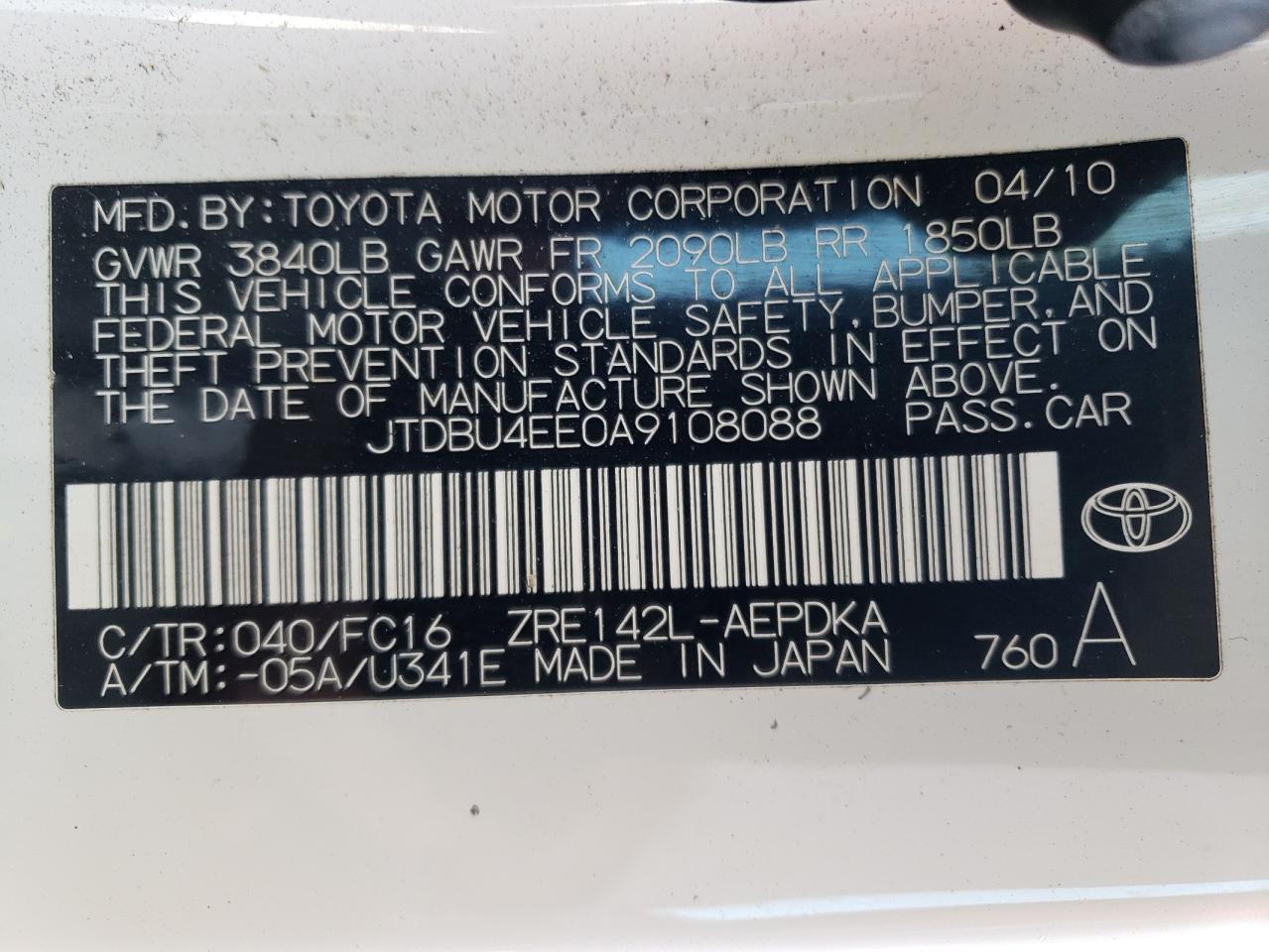 Photo 10 from auction – 2010 TOYOTA COROLLA BA with VIN JTDBU4EE0A9108088