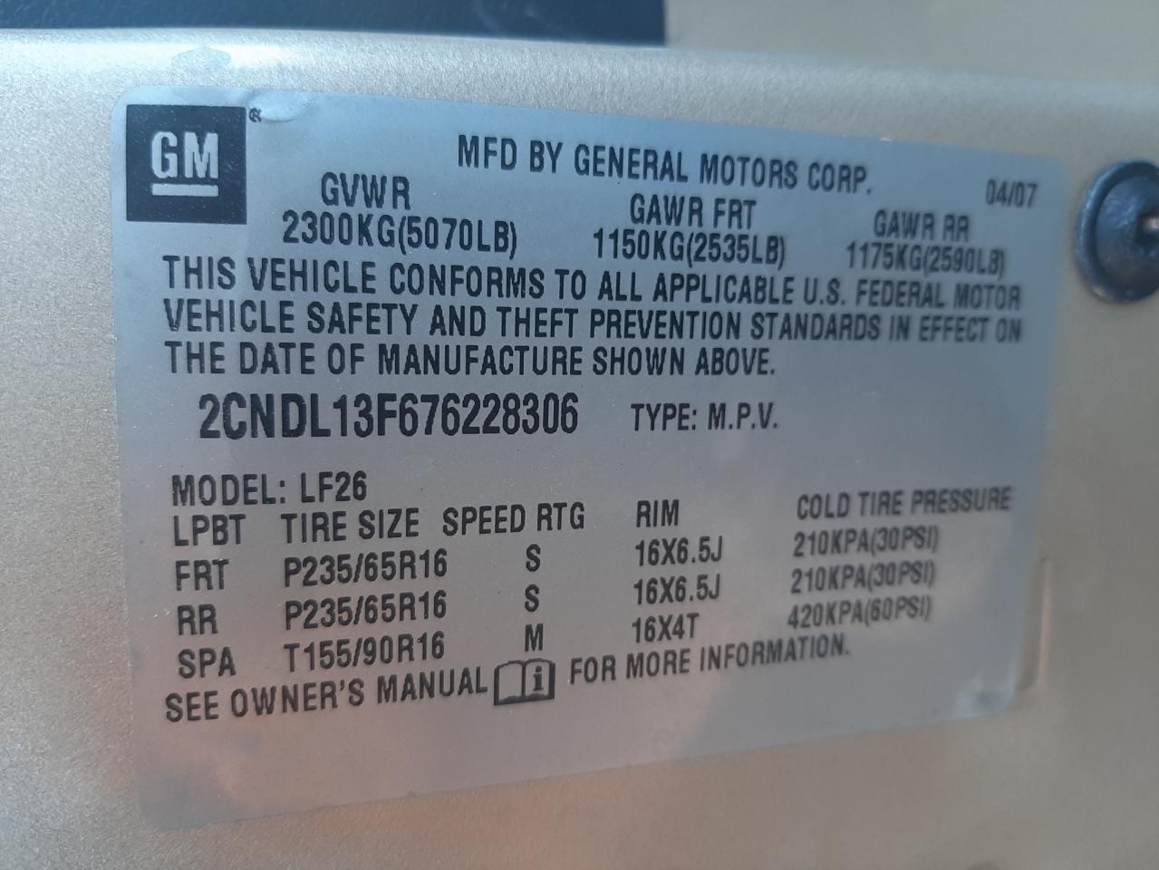 Photo 10 from auction – 2007 CHEVROLET EQUINOX LS with VIN 2CNDL13F676228306