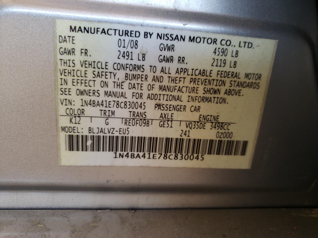 Photo 10 from auction – 2008 NISSAN MAXIMA SE with VIN 1N4BA41E78C830045
