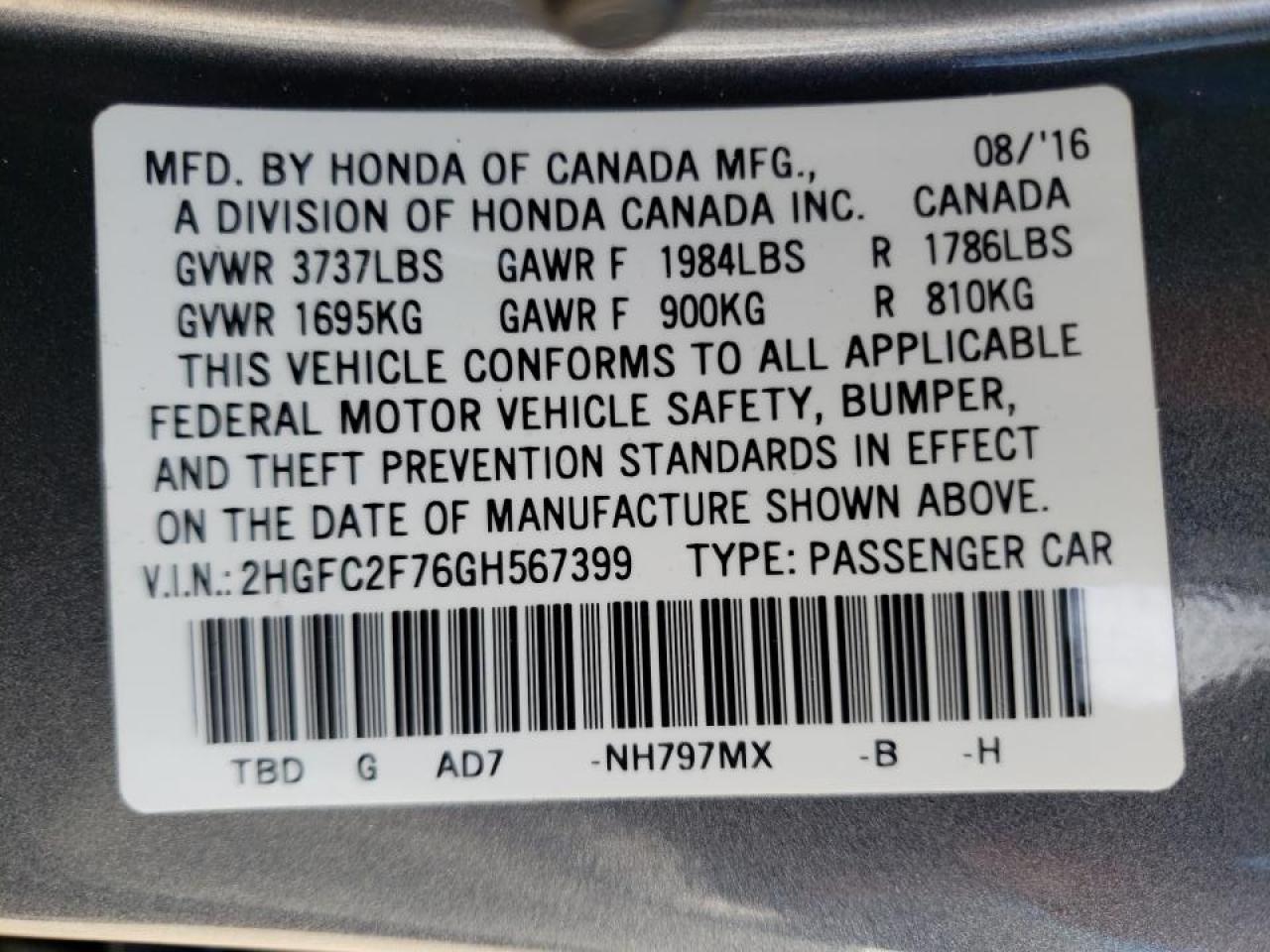 Photo 10 from auction – 2016 HONDA CIVIC EX with VIN 2HGFC2F76GH567399