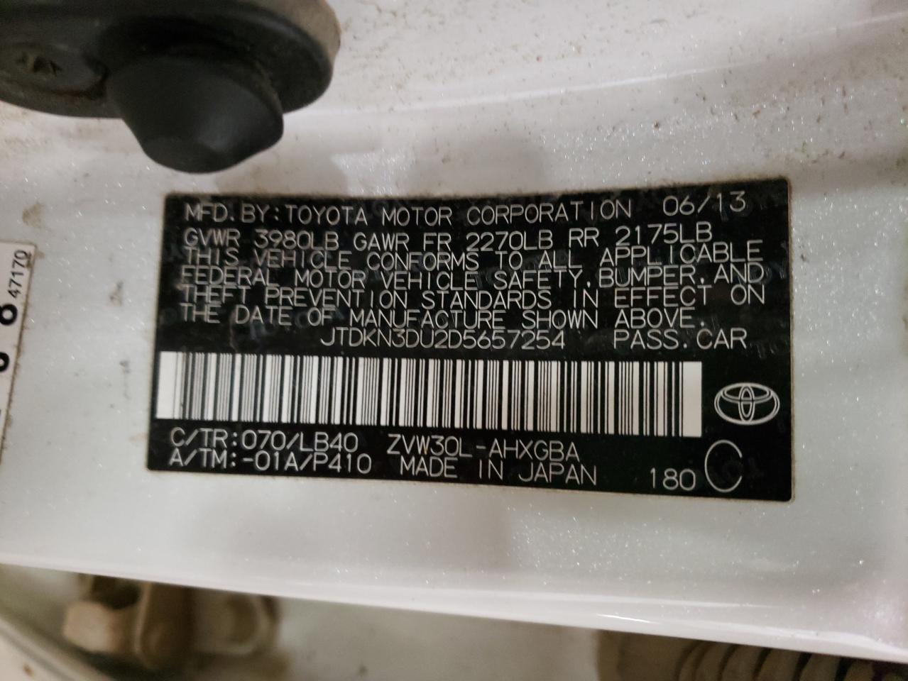 Photo 10 from auction – 2013 TOYOTA PRIUS with VIN JTDKN3DU2D5657254