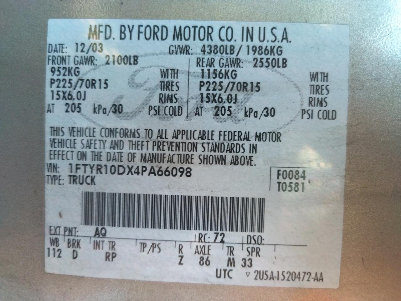 Photo 10 from auction – 2004 FORD RANGER with VIN 1FTYR10DX4PA66098