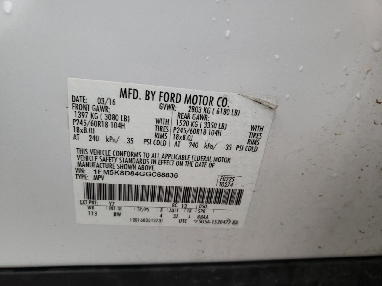 Photo 10 from auction – 2016 FORD EXPLORER X with VIN 1FM5K8D84GGC68836