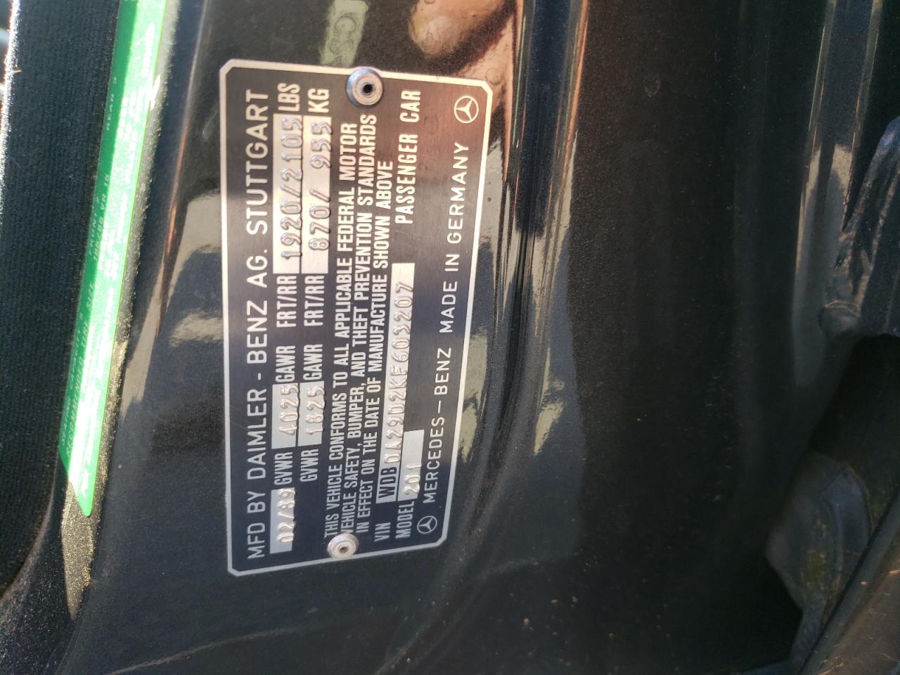 Photo 10 from auction – 1989 MERCEDES-BENZ 190 E 2.6 with VIN WDBDA29D2KF603207