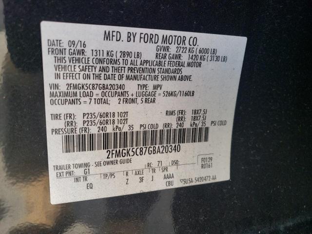 Photo 10 from auction – 2016 FORD FLEX SEL with VIN 2FMGK5C87GBA20340
