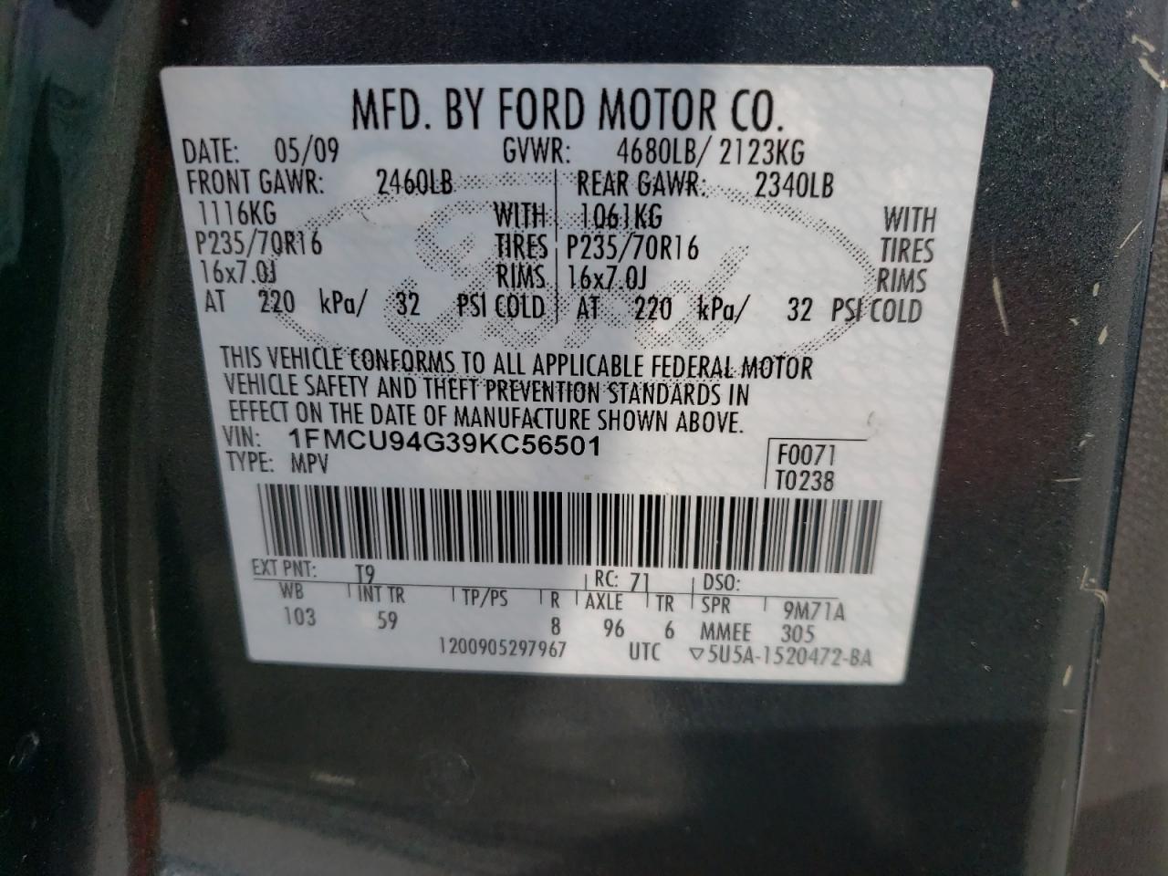 Photo 10 from auction – 2009 FORD ESCAPE LIM with VIN 1FMCU94G39KC56501