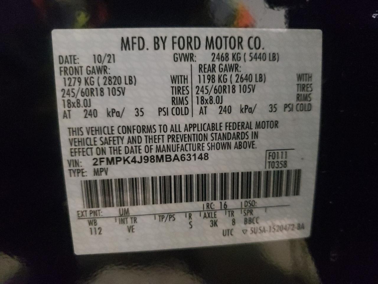 Photo 10 from auction – 2021 FORD EDGE SEL with VIN 2FMPK4J98MBA63148