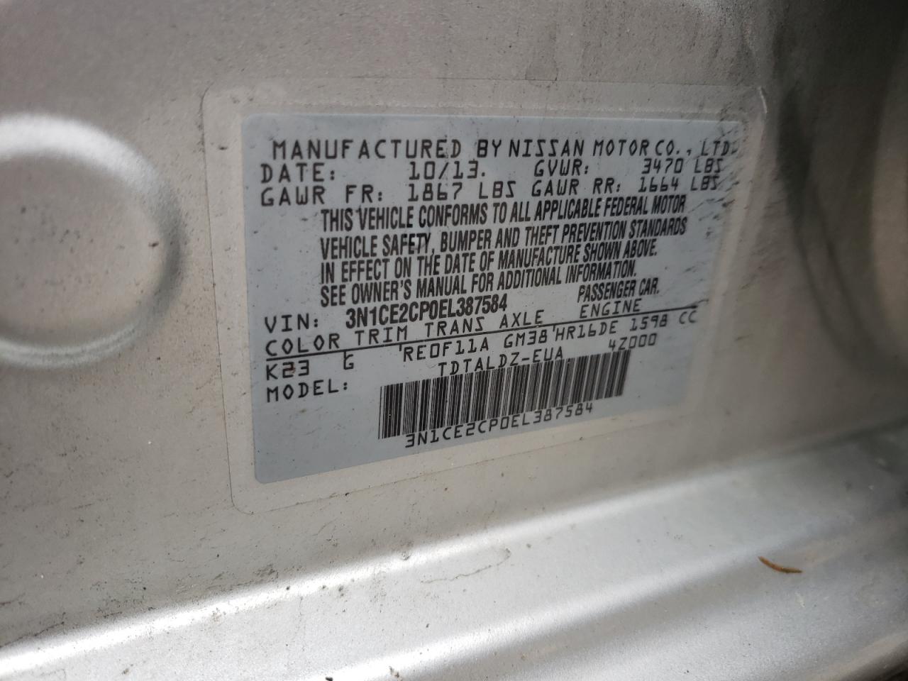 Photo 10 from auction – 2014 NISSAN VERSA NOTE with VIN 3N1CE2CP0EL387584
