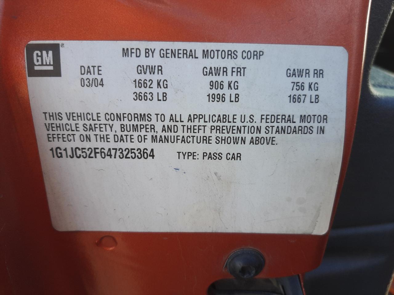 Photo 11 from auction – 2004 CHEVROLET CAVALIER with VIN 1G1JC52F647325364