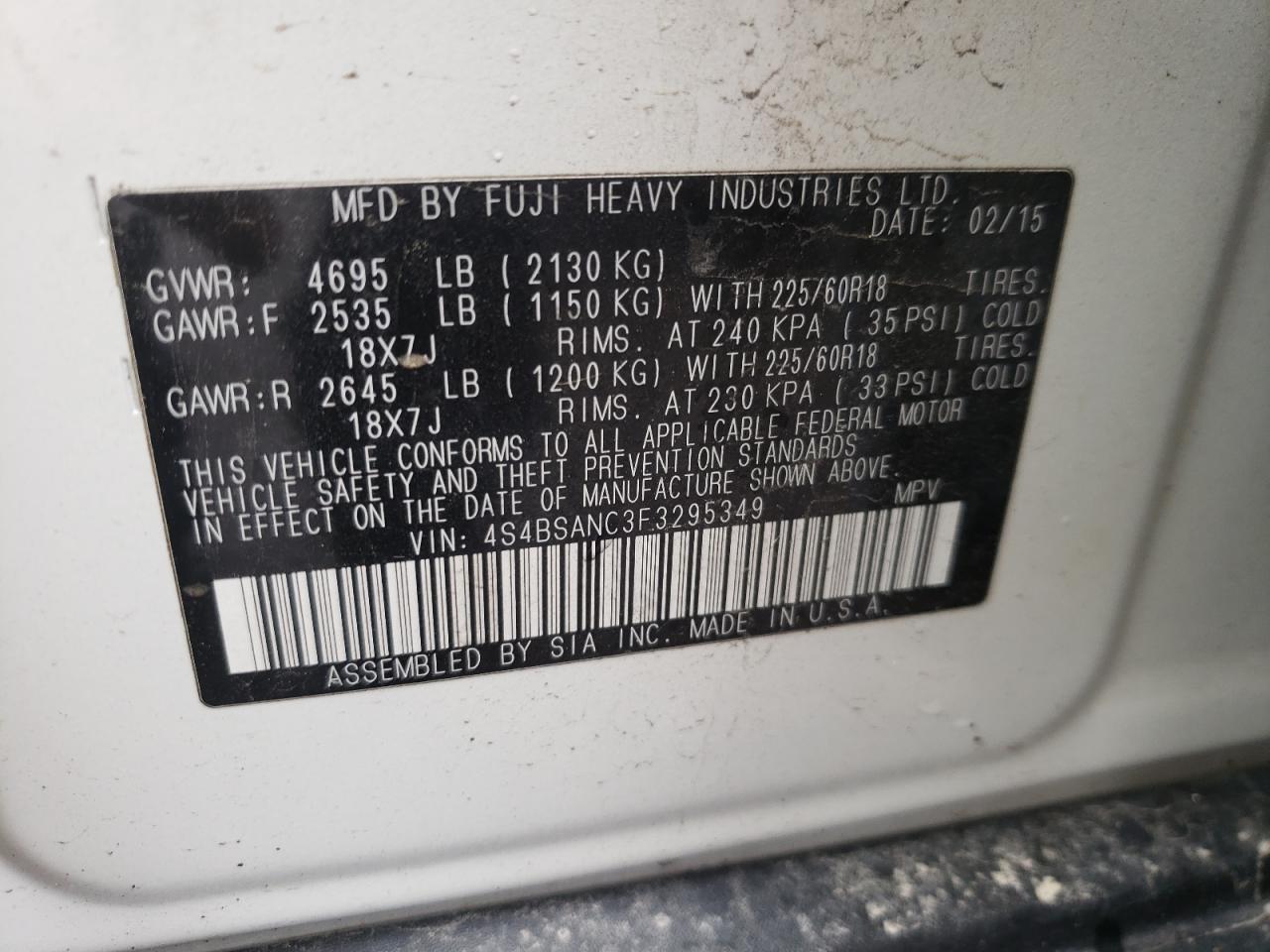 Photo 10 from auction – 2015 SUBARU OUTBACK 2. with VIN 4S4BSANC3F3295349