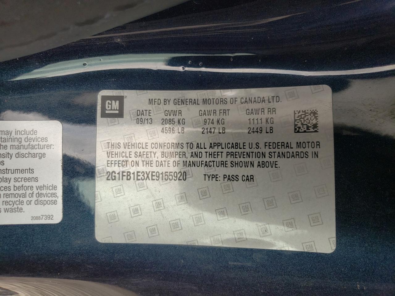 Photo 10 from auction – 2014 CHEVROLET CAMARO LT with VIN 2G1FB1E3XE9155920