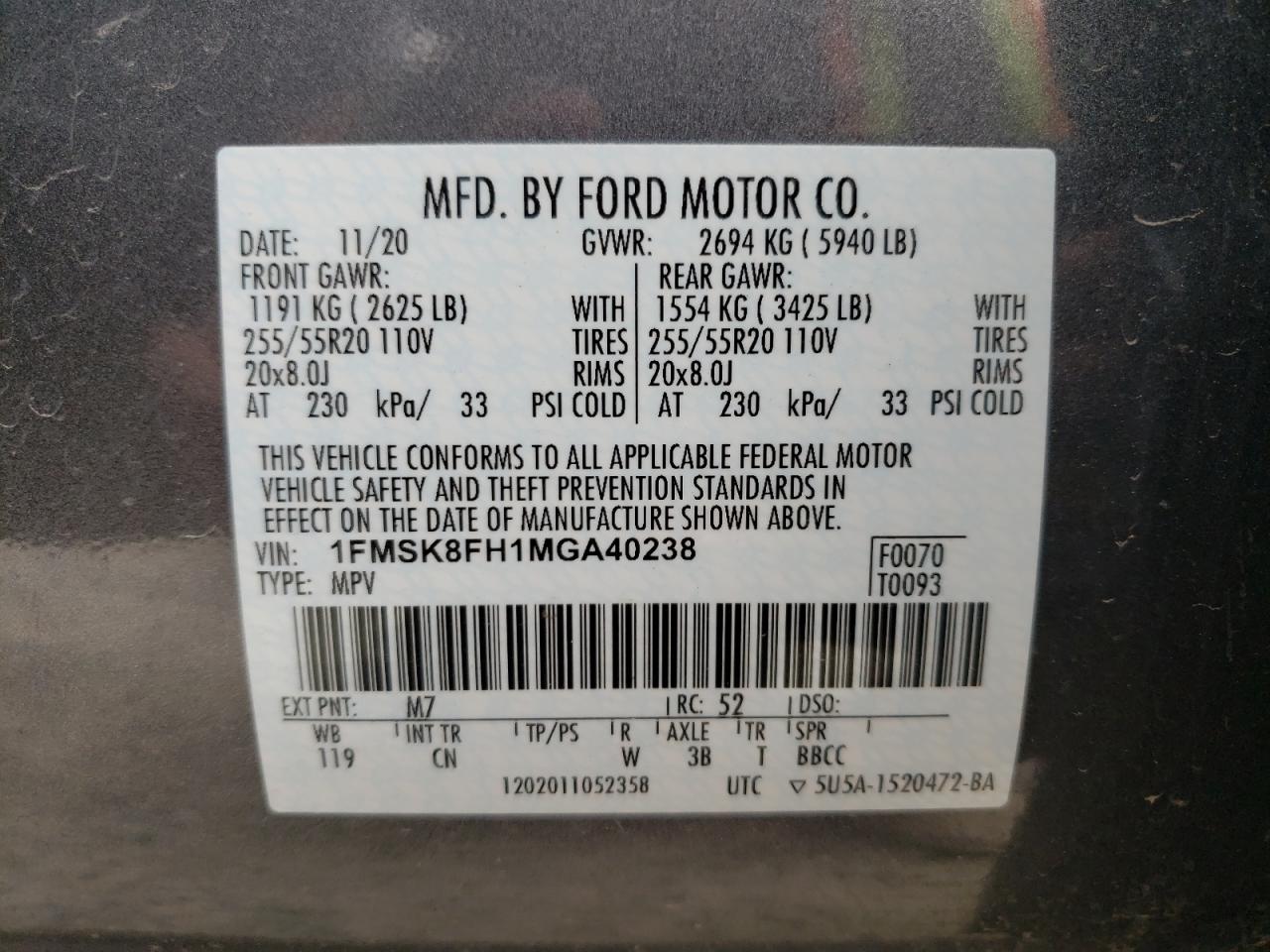 Photo 10 from auction – 2021 FORD EXPLORER L with VIN 1FMSK8FH1MGA40238