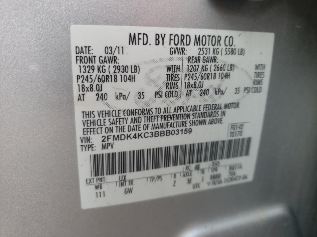 Photo 10 from auction – 2011 FORD EDGE LIMIT with VIN 2FMDK4KC3BBB03159