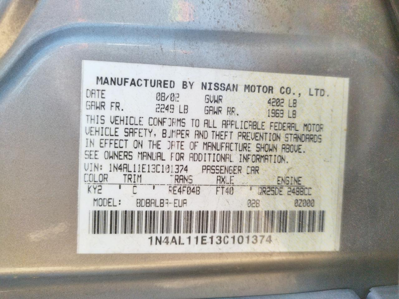 Photo 10 from auction – 2003 NISSAN ALTIMA BAS with VIN 1N4AL11E13C101374