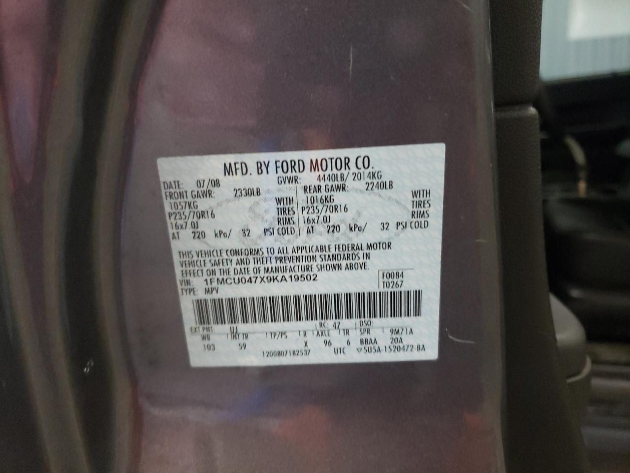 Photo 10 from auction – 2009 FORD ESCAPE LIM with VIN 1FMCU047X9KA19502