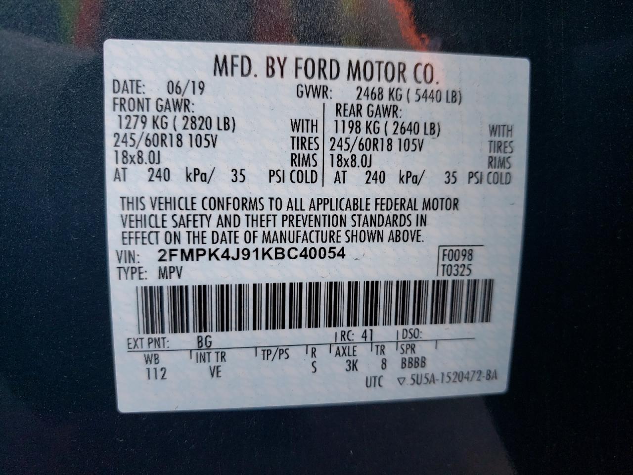 Photo 10 from auction – 2019 FORD EDGE SEL with VIN 2FMPK4J91KBC40054