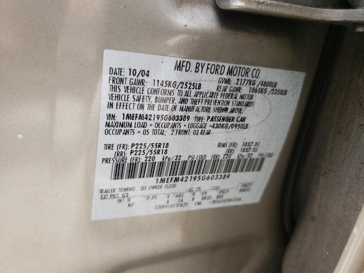 Photo 10 from auction – 2005 MERCURY MONTEGO PR with VIN 1MEFM42195G603389